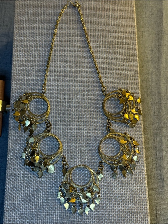 Jewelry - Vintage 1960s Gold Tone Boho Bib Necklace, Textured Circles & Leaf Fringe Charms
